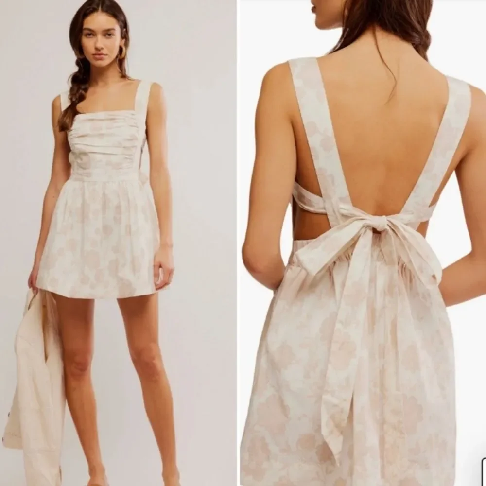 Free People Meet Me In Maui Printed Ivory Mini Dress/ Cut-out with Bow - Picture 12 of 15